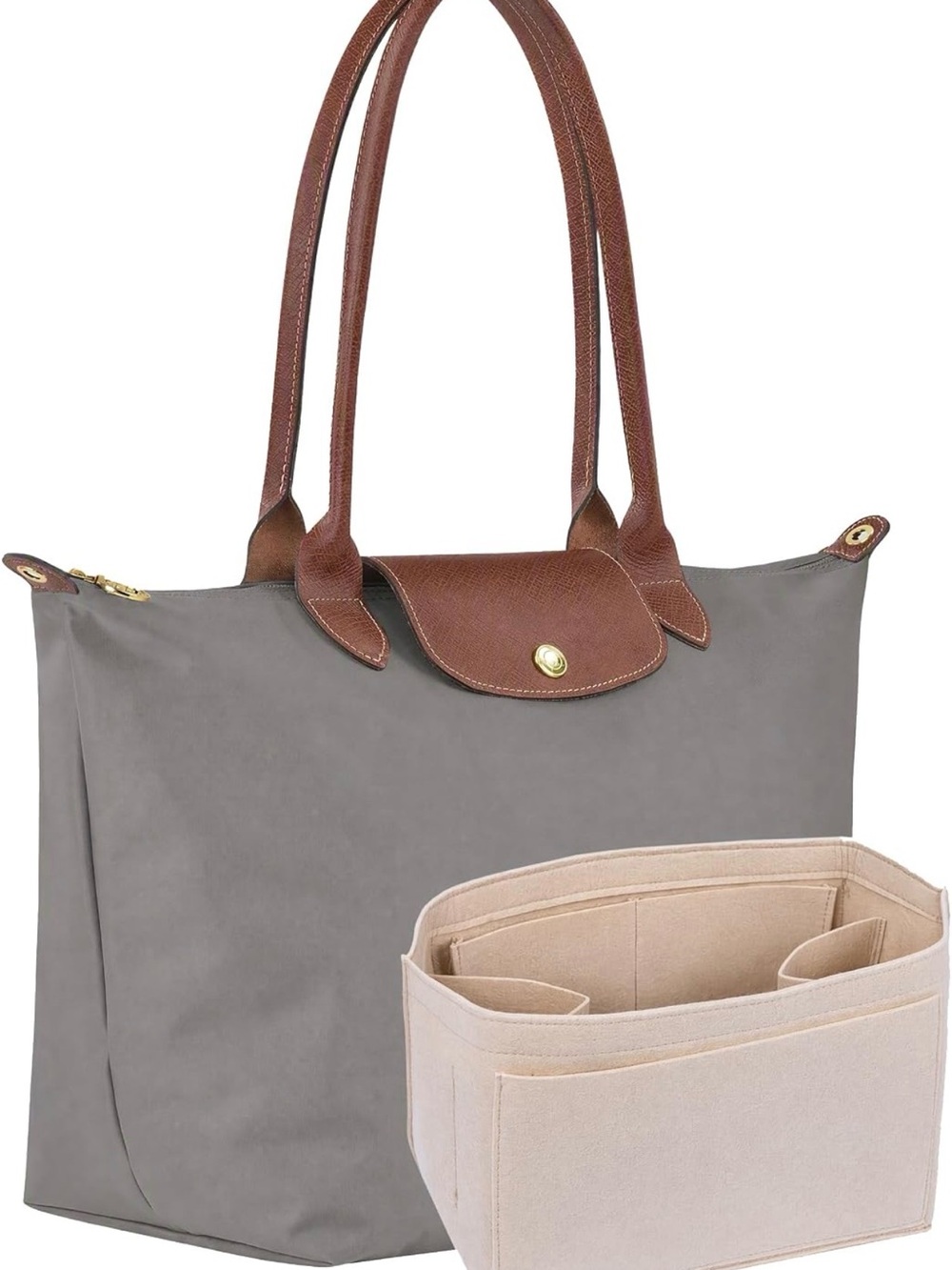Classic Gray Tote with Brown Trim - Women's Shoulder Bag